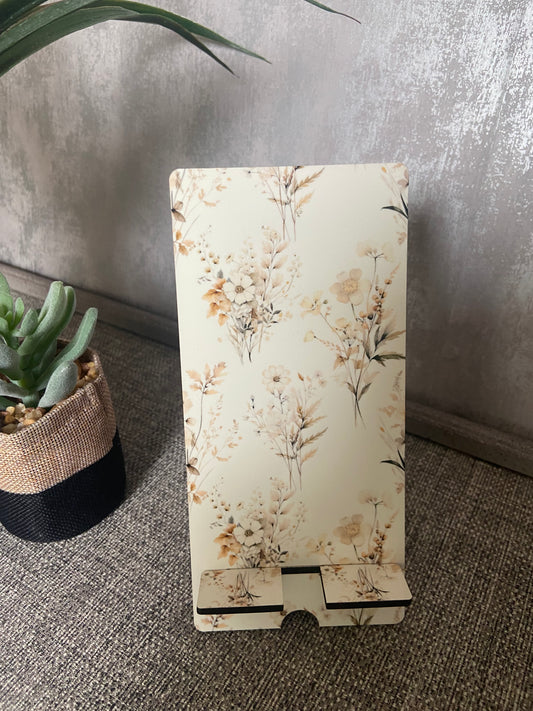 Mobile Phone Stand MDF - Pastel Beige Wildflowers