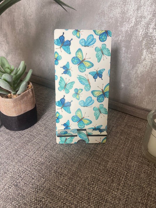 Mobile Phone Stand MDF - Turquoise Butterfly