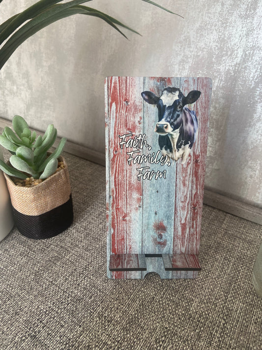 Mobile Phone Stand MDF - Cow- Faith, Family, Farm