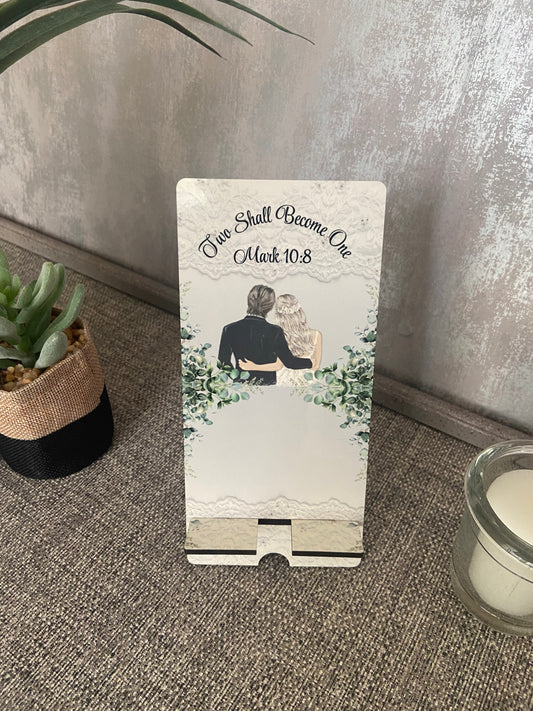 Mobile Phone Stand MDF - Two Shall Become One Mark 10:8