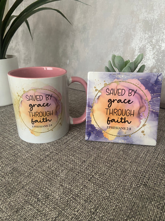 Saved By Grace Through Faith Ephesians 2:8 Mug & Coaster Set
