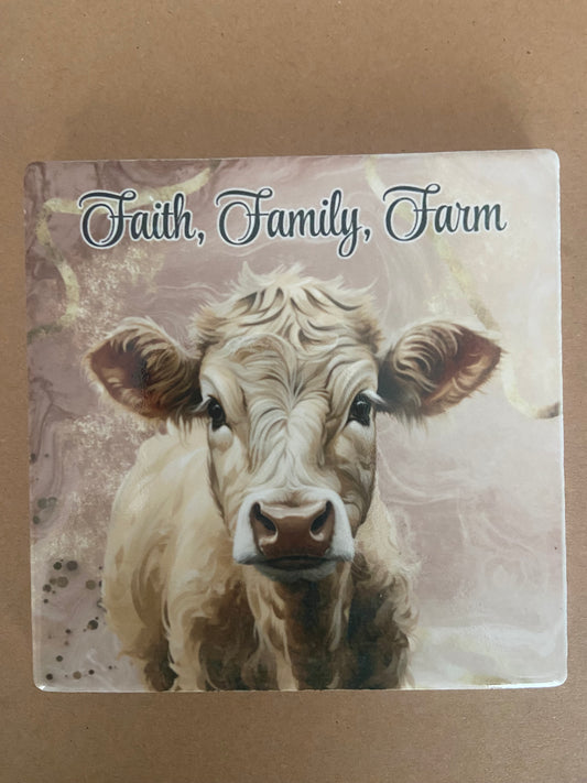 Faith, Family, Farm Cow Single Coaster