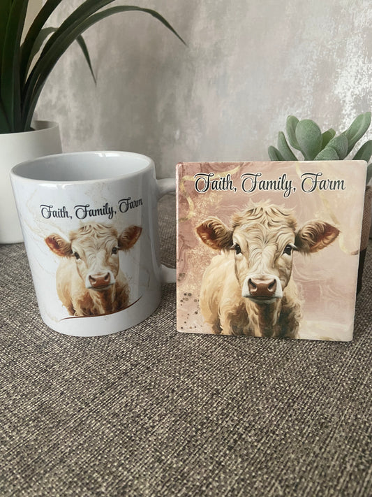 Faith, Family, Farm Cow Mug & Coaster Set