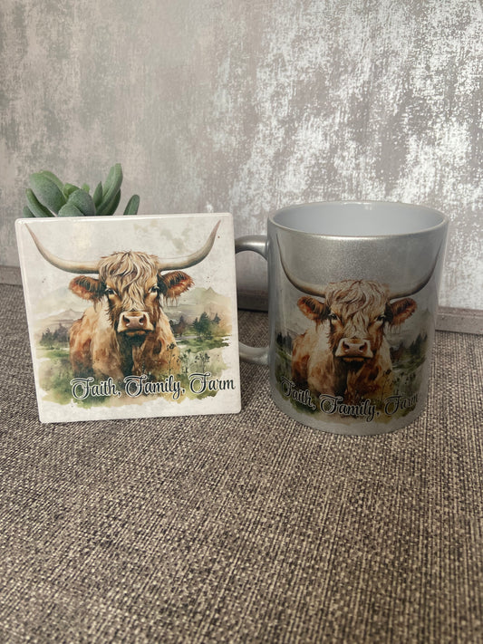 Faith, Family, Farm Highland Cow Mug & Coaster Set