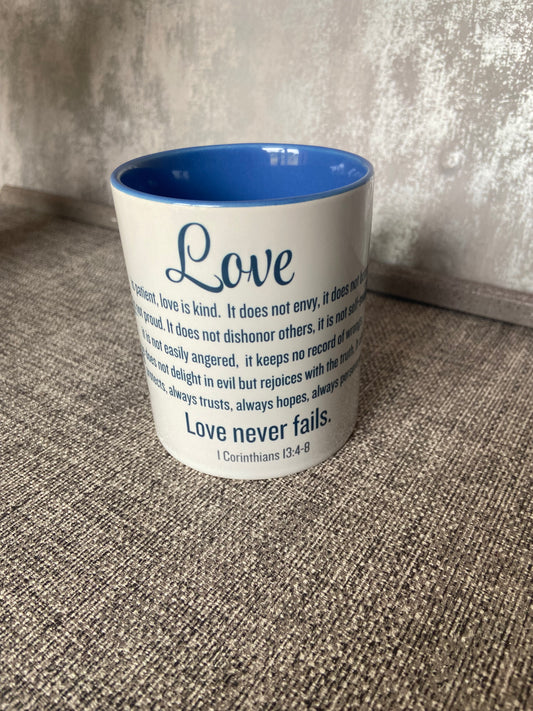 LOVE is patient, love is kind 1 Corinthians 13:4-8 Single Ceramic Mug