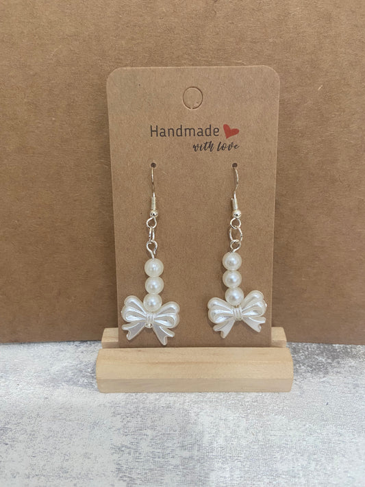 Faux Pearl Bow Dangle Silver Earring