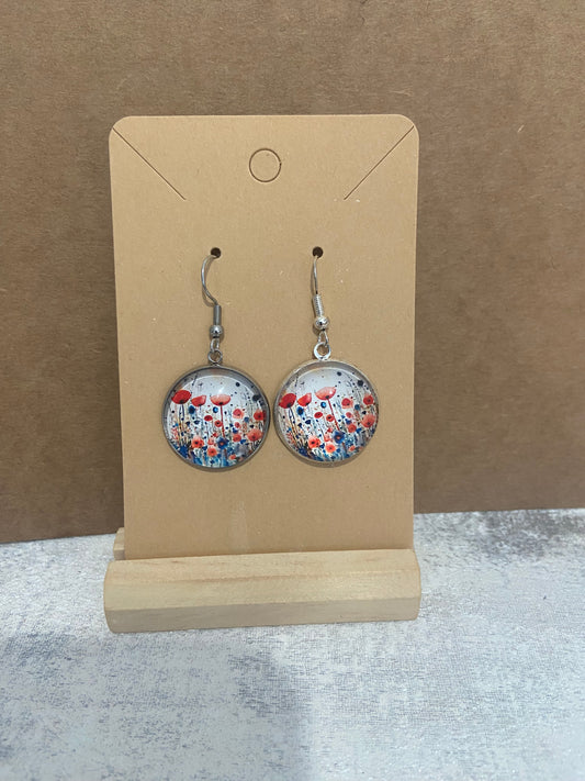 Floral Glass Circle Dangle Silver Earring - Variations