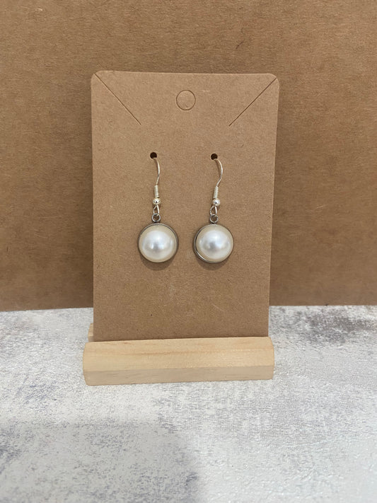 Large Faux Pearl Dangle Silver Earring