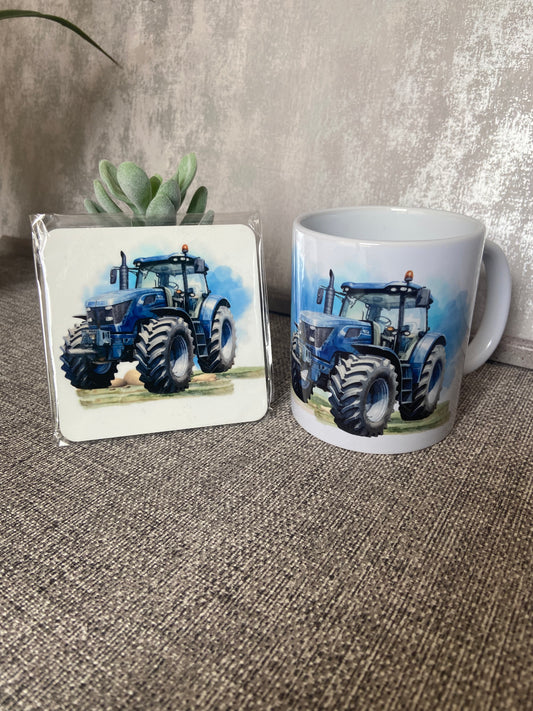 Farm Life - Blue Tractor Mug & Coaster Set