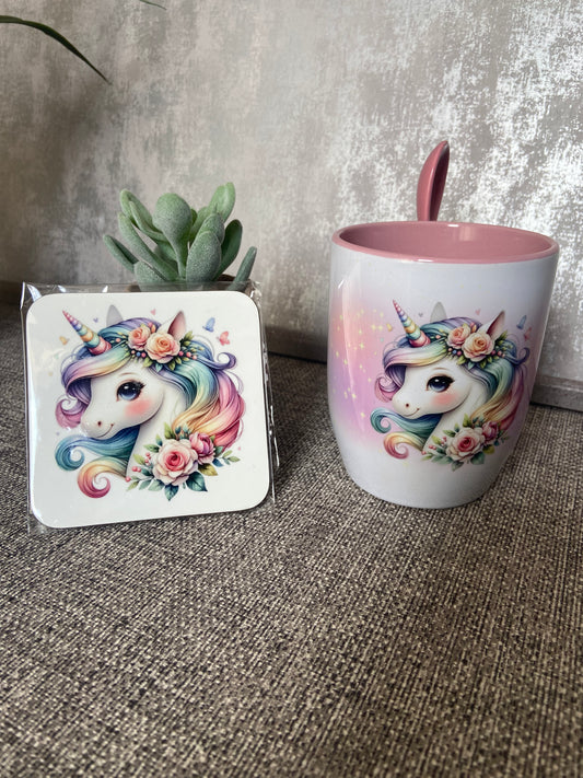 Unicorn Mug, Spoon & Coaster Set