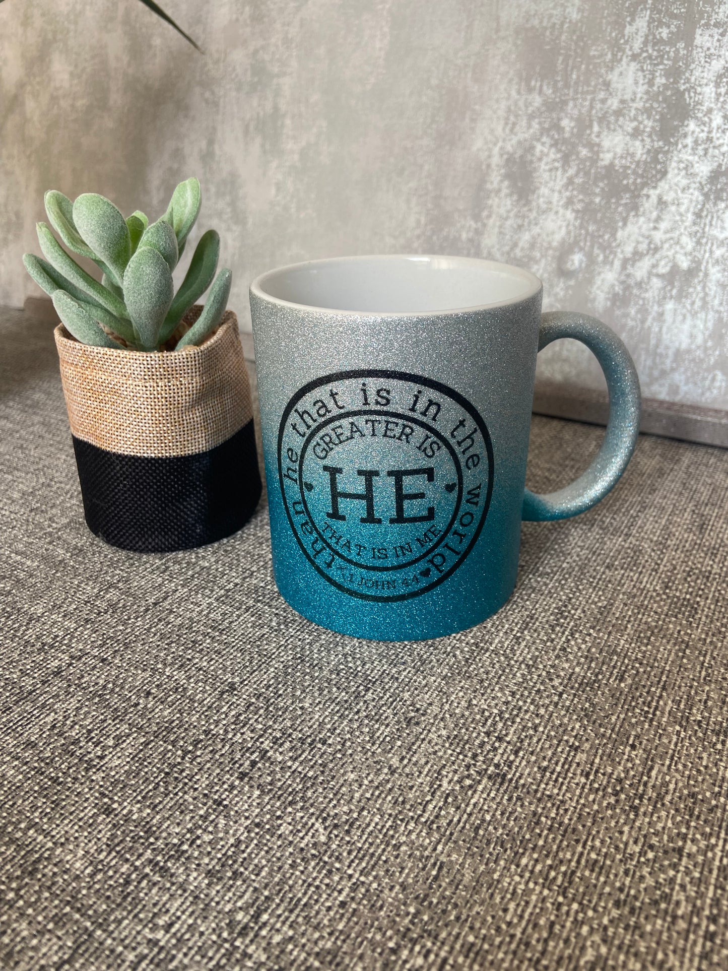 Greater is He That Is In Me Than He That Is In The World 1 John 4:4 Single Ceramic Sparkle Silver/Blue Mug