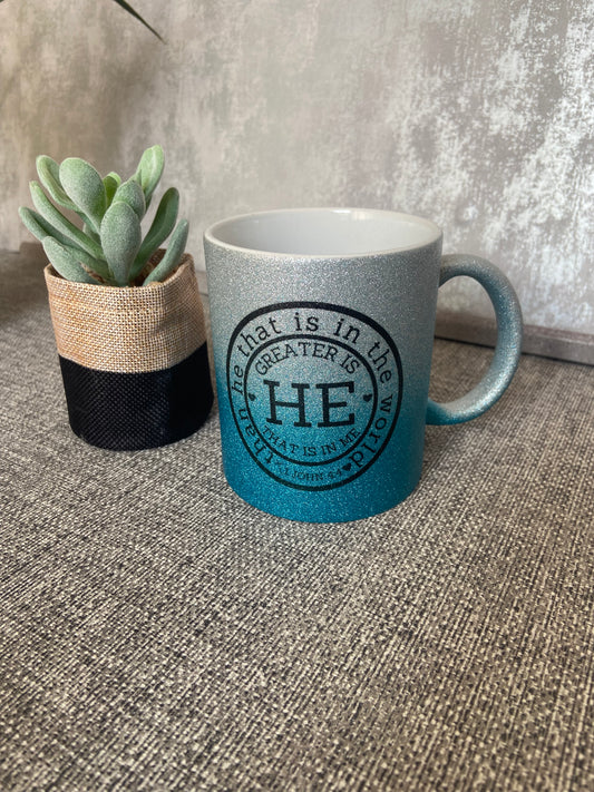 Greater is He That Is In Me Than He That Is In The World 1 John 4:4 Single Ceramic Sparkle Silver/Blue Mug