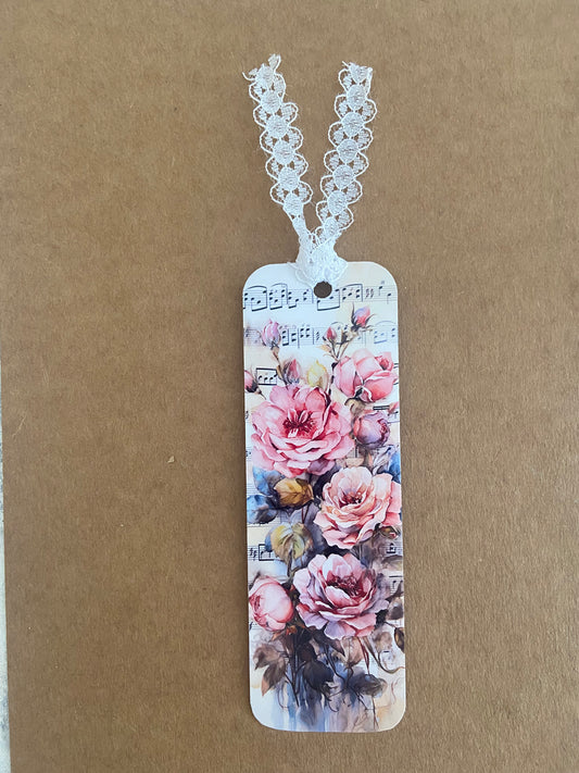 Laminated Bookmark- Roses & Vintage Music Paper
