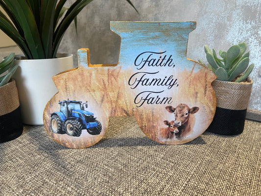 Faith, Family, Farm Blue Tractor and Cow & calf Wooden Tractor Shape Freestanding Plaque 20x14cm