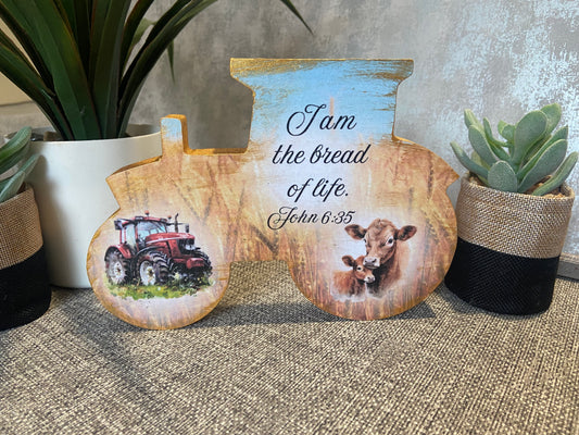 I Am The Bread Of Life John 6:35 Wooden Tractor Shape Freestanding Plaque 20x14cm
