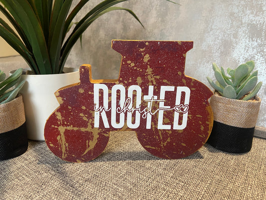 Rooted In Christ Red & Gold Splatter effect wooden Tractor Shape Freestanding Plaque 20x14cm
