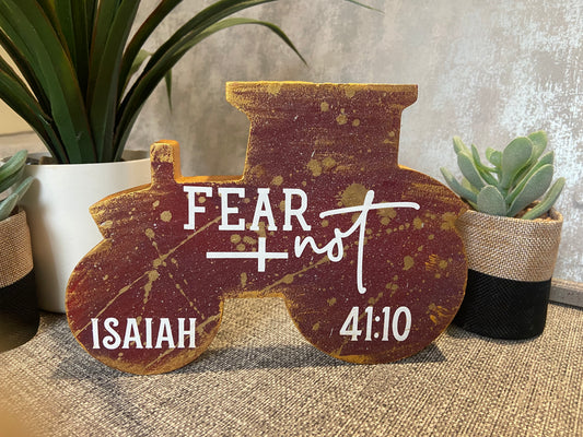Fear Not Isaiah 41:10 Red & Gold Splatter effect wooden Tractor Shape Freestanding Plaque 20x14cm
