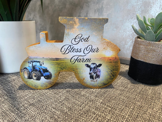 God Bless Our Farm Wooden Tractor Shape Freestanding Plaque 15x11cm