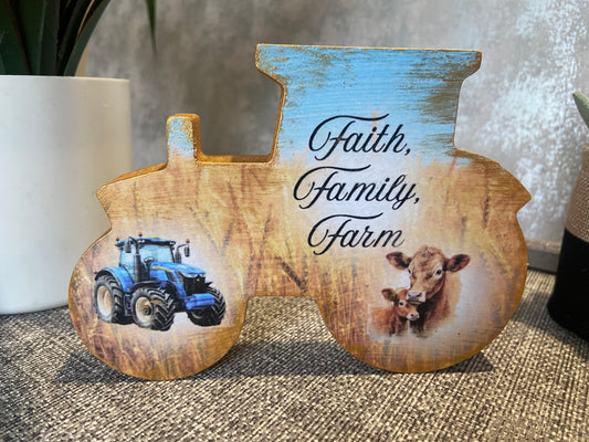 Faith, Family, Farm Blue Tractor, Cow & Calf Wooden Tractor Shape Freestanding Plaque 15x11cm