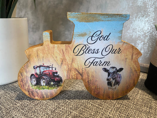 God Bless Our Farm Wooden Tractor Shape Freestanding Plaque 15x11cm