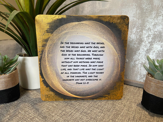 In The Beginning Was The Word John 1:1-5 Wooden Freestanding Plaque 20x20cm