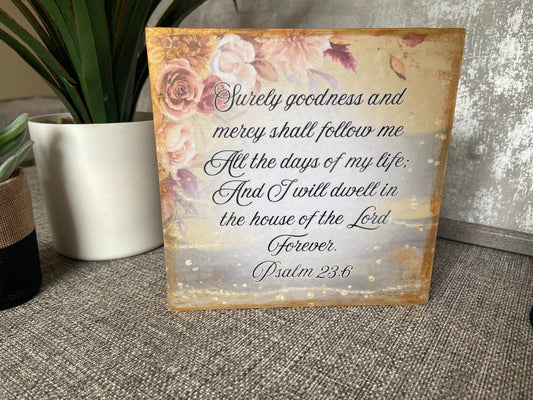 Surely Goodness & Mercy Shall Follow Me Psalm 23:6 Wooden Plaque Freestanding Plaque 15x15cm