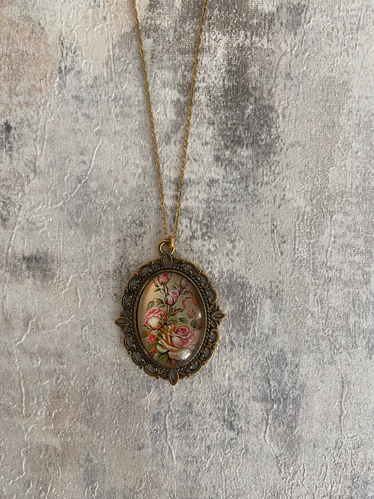 Vintage Floral Oval 2.5cm Pendant Gold Necklace (45cm chain) 8 variations
