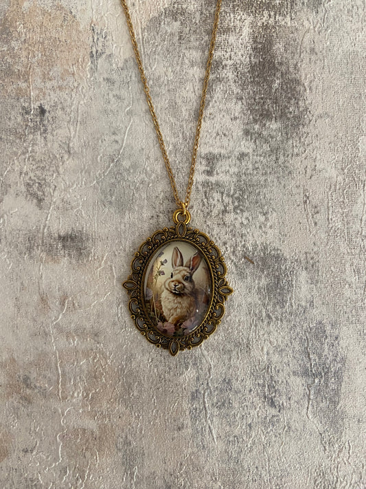 Vintage Rabbit Oval 2.5cm Pendant Gold Necklace (45cm chain)