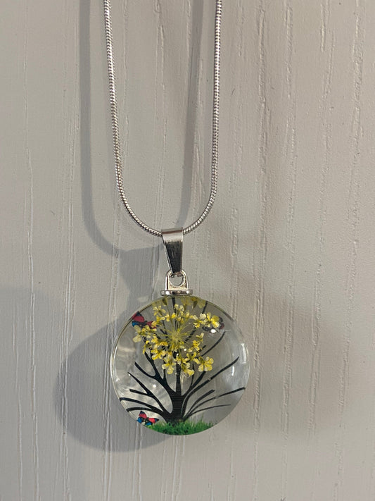 Star Dried Flower Transparent Glass Silver 2.5cm Round Pendant (60cm chain) 5 Variations