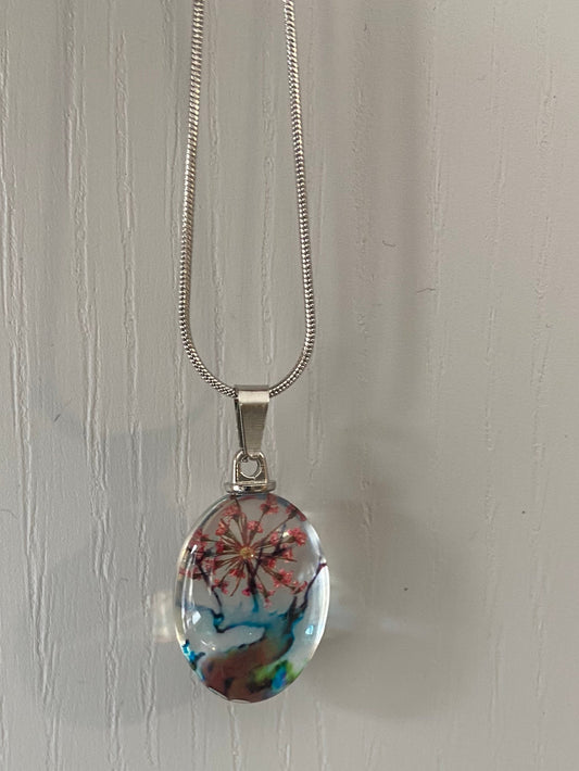 Star Dried Flower Transparent Glass Silver 2.5x1.8cm Oval Pendant (60cm chain) 4 Variations