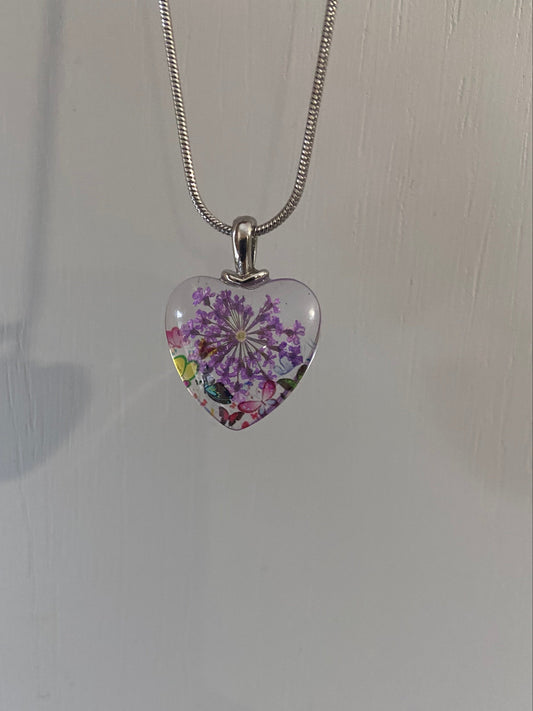 Star Dried Flower Transparent Glass Silver 2x2cm Heart Pendant (60cm chain) 10 Variations