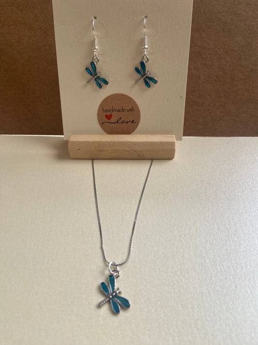 Dragonfly Dangle Silver Earrings & Necklace Set