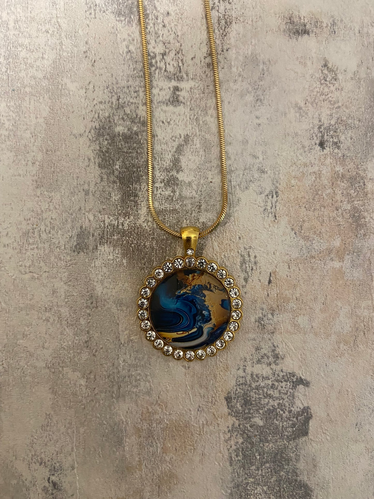 Dazzling & beautiful large blue/gold liquid art pendant 3x3cm Pendant (60cm chain)