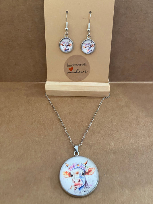 Floral Cow Silver earring & necklace set (60cm chain)