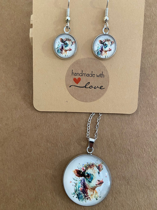 Floral Cow Silver earring & necklace set (60cm chain)
