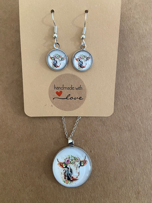 Floral Cow Silver earring & necklace set (60cm chain)