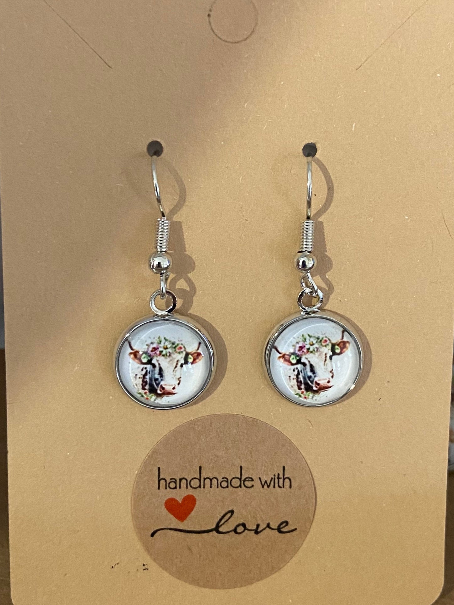 Floral Cow Silver earring & necklace set (60cm chain)