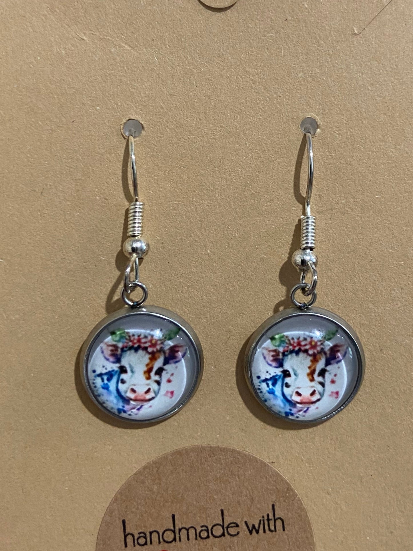 Floral Cow Silver earring & necklace set (60cm chain)