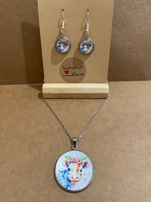Floral Cow Silver earring & necklace set (60cm chain)