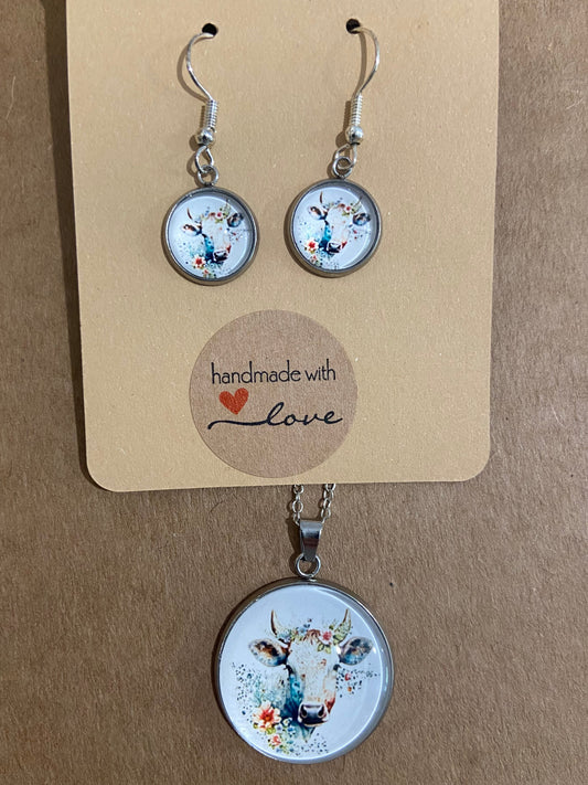 Floral Cow Silver earring & necklace set (60cm chain)