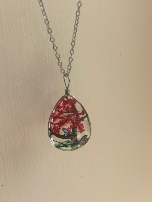 Star Dried Flower Transparent Glass Silver 2.5x1.75cm Teardrop Pendant (45cm chain) 6 Variations