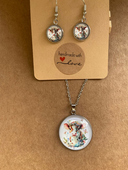 Floral Cow Silver earring & necklace set (60cm chain)