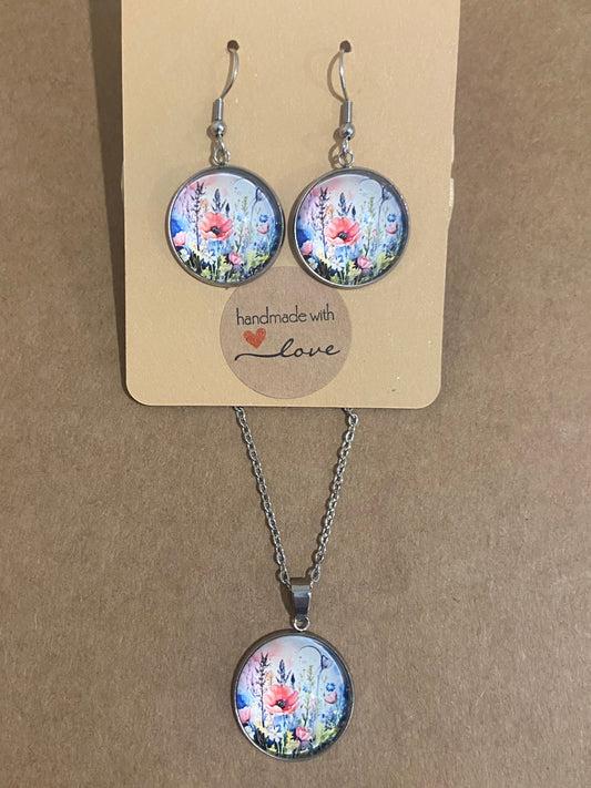 Poppy Wildflowers Silver earring & necklace set (45cm chain)