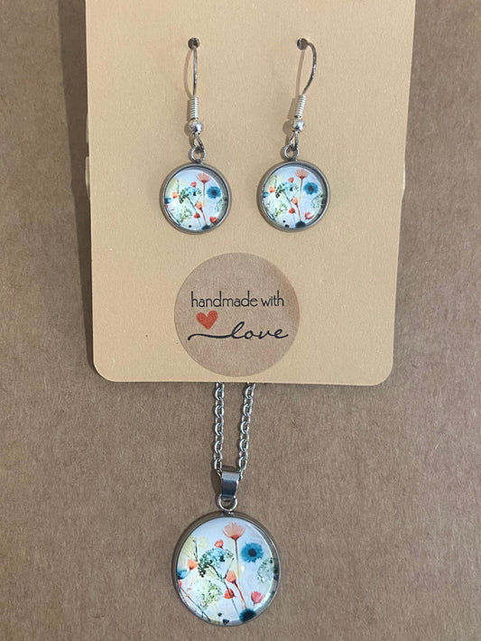 Floral Silver earring & necklace set (45cm chain)