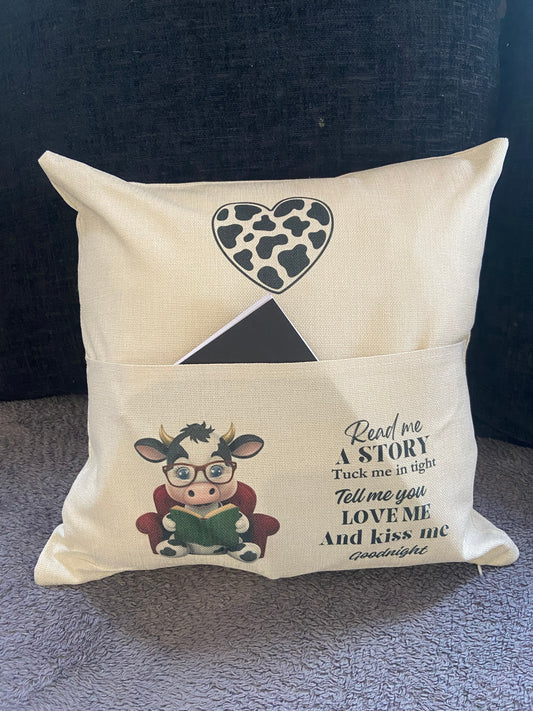 Cushion Cover with Pocket - 40x40cm - Read me a Story, Tuck me in tight......cow