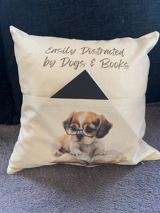 Cushion Cover with Pocket - 40x40cm - Easily Distracted by Dogs & Books