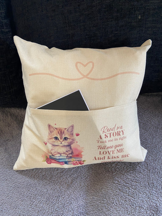 Cushion Cover with Pocket - 40x40cm - Read me a story, Tuck me in tight...Kitten