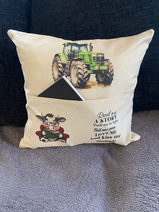 Cushion Cover with Pocket - 40x40cm - Read me a story, Tuck me in tight...Cow & Tractor