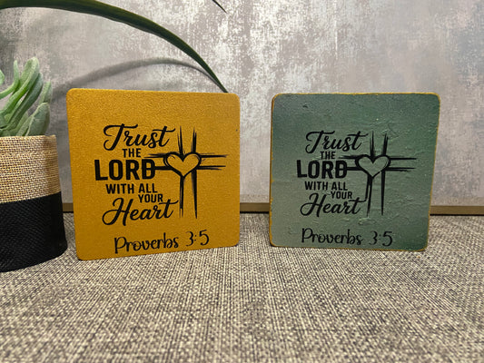 Trust The Lord With All Your Heart Proverbs 3:5 Wooden Square Shape Freestanding Plaque 10x10cm
