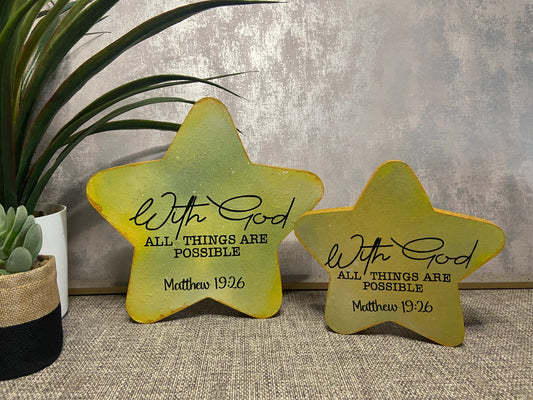 With God All Things Are Possible Matthew 19:26 Wooden Star Shape Freestanding Plaque